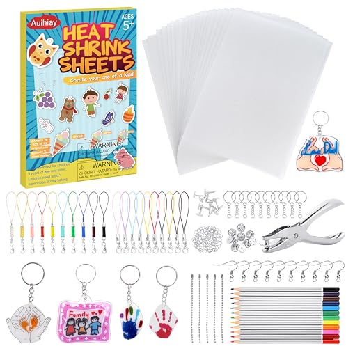 Auihiay 198 Stücke Schrumpffolie Schrumpffolienplatten, inklusiv 20 Stücke Schrumpfende Plastikfolie, Schlüsselanhänger, Schließe und Locher für DIY Handwerk für Kinder