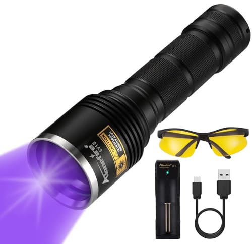 Alonefire SV13 15W UV Taschenlampe 365nm Tragbar Aufladbar Ultraviolett Schwarzlicht für Haustier Urin Detektor, UV Harz, Angeln, Bernstein, Skorpion - Mit Schutzbrille, Ladegerät, Inklusive Batterie