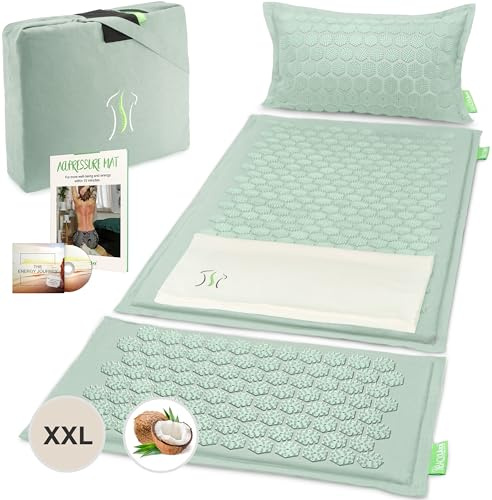 BACKLAXX Akupressurmatte Set mit Kissen, Tuch & Tasche | XL Akupressur-Matte - 120% mehr Fläche | Akupunktur-Matte mit Stacheln zur Massage | Akkupressmatte für Nacken & Schulter | Massagematte Rücken