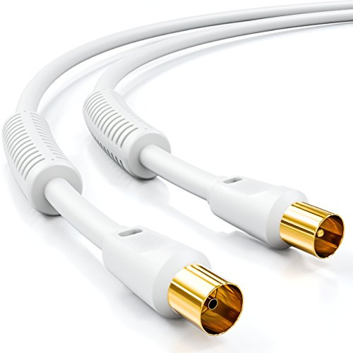 deleyCON 3,0m TV Antennenkabel (IEC-Stecker auf IEC-Kupplung) Koaxial Kabel HDTV 4-fach Schirmung 2x Ferritkern Mantelstromfilter DVB-T DVB-T2 Radio DAB - Weiß