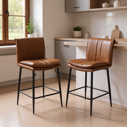 chairus Moderne Barhocker 2er-Set, Armlos & Metallbeine, PU-Leder/Braun | Gepolsterte Barstühle mit doppelten PU-Lederbezugten Polsterungen und Fußstütze, für Kücheninsel, Wohnzimmer oder Esszimmer