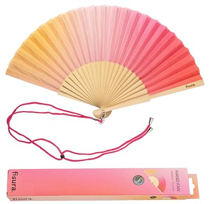FISURA - Origineller Handfächer mit rotem Farbverlaufsdruck. Moderner und farbenfroher Fächer aus Holz. Roter und rosa Fächer. Maße: 42,5 x 23 cm. Materialien: Holz und Textil.