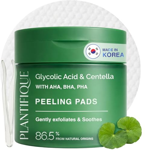 PLANTIFIQUE Korean Peeling Pads 60 Stück, mit Glycolsäure, Niacinamid, CICA, AHA, BHA, PHA für Gesichtspeeling und zur sanfte Hauterneuerung - Toner Pads für alle Hauttypen - Nachfüllbarer Behälter