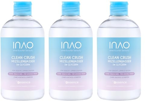 INAO Clean Crush Mizellenwasser by essence, sanfte Reinigung, Make-up Entferner mit Glycerin, feuchtigkeitsspendend, beruhigend, ohne Abspülen 500 ml, 3er Pack (3x500ml)