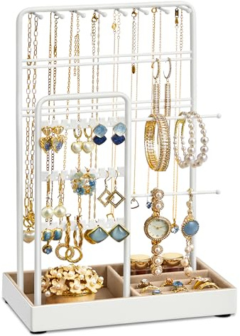 SONGMICS Schmuckständer, Schmuckhalter, Metallrahmen, Schmucktablett Samt, Schmuckaufbewahrung für Halsketten Armbänder Ohrringe Ohrstecker Ringe, Geschenkidee, weiß JJS021W01