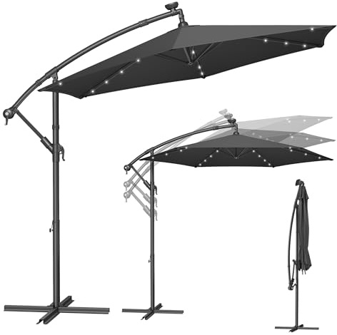 SONGMICS Sonnenschirm mit LED-Solar-Beleuchtung, Ampelschirm 300 cm d, 32 LED-Lämpchen, mit Ständer, Sonnenschutz Balkon, Balkonschirm, UPF 50+, mit Kurbel, Terrasse, Garten, grau GPU118G01