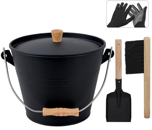 BRIAN & DANY Ascheeimer mit Deckel, 5L Eimer mit Schaufel und Handbesen | Feuerfest Runder Kohleeimer für Kamine, Hitzebeständig, mit Handschuhen, ideal zum Sammeln von Asche und Kohle.