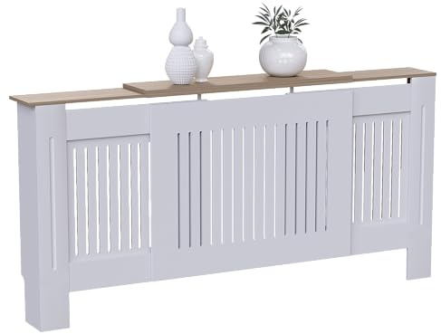 Vida Designs Arlington Heizkörperabdeckung Weiß - Verstellbar - Modern Shaker Style Vertical Slat Design for Optimal Heat Circulation - H83xW140-204xD19cm - Lackiertes MDF- für Wohnzimmer und Flur