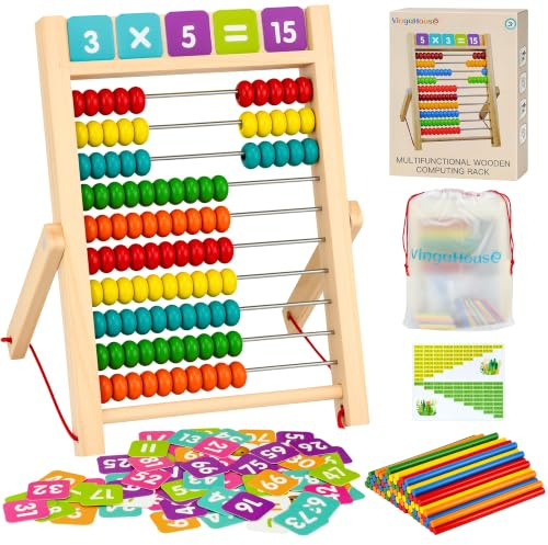 VingaHouse Grundschule Rechenschieber Abakus, Abacus Rechner Kinder ab 3 | Abakus Zählrahmen zum Rechnen mit 100 Mehrfarbigen Perlen Zählstäbchen, Zahlenalphabetkarten, Abakus Spielzeug Kinder 3 4 5 6