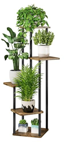 Allyson® Blumenständer mit 5 Ebenen – Pflanzenständer aus Metall & Holz, Pflanzenregal Modern für Zimmerpflanzen, Blumenhocker Indoor Outdoor, Stabil Pflanzenhocker für Balkon Wohnzimmer & Terrasse