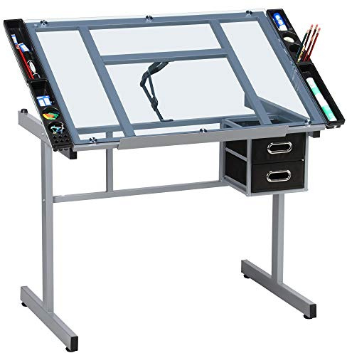 Yaheetech Zeichentisch 0-60° neigbar, Architektentisch mit kippbarer Glasplatte, Schreibtisch Bürotisch mit 2 Schubladen, für Architekten/Künstler/Maler, 90 cm L × 60 cm B