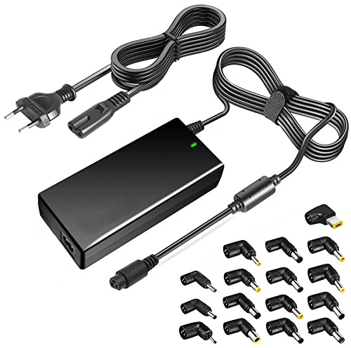 90W Universal Laptop Netzteil, 15 V–20 V einstellbar, mit 15 DC Steckern, kompatibel mit HP, Asus, Acer, Dell und Lenovo Notebooks, Monitoren, Soundbars und Lautsprechern, EU Netzkabel