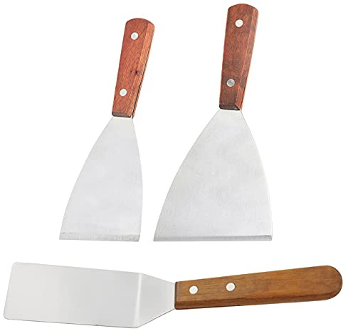 Mousyee Grillspachtel Edelstahl Mit Holzgriff - Teppanyaki-Spatel, Kochwender Und Schaber Flachspatel Für Grillküche, 3 Stücke