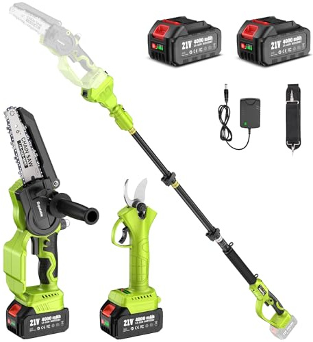 Supstable Mini Kettensäge 6 Zoll mit Teleskopstange und 33 mm Elektrische Astschere, Hochentaster & Gartenschere mit 8000mAh Akku, Max. Reichweite bis 4,8m, Automatischer Kettenspannung