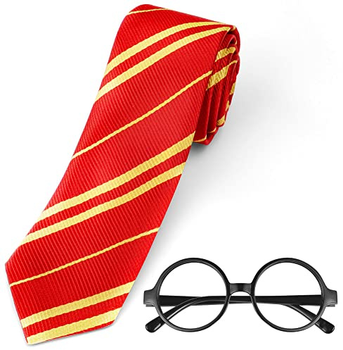Aomig Zauberer Krawatte Brille Kostüm Jungen Mädchen (Rot + Brille) | Cosplay Krawatte Runden Brille für Kinder Cosplay Fasching Karneval Halloween Party Kostüme Accessoires Set