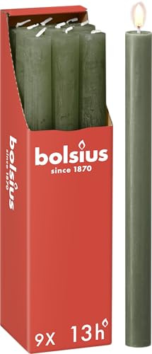 Bolsius - Rustik Stabkerzen - Olivgrün - 9 Stück - 27 x 2.3 cm - Länge Brenndauer 13 Stunden - Unparfümierte - Enthält Natürliches Pflanzenwachs - Ohne Palmöl
