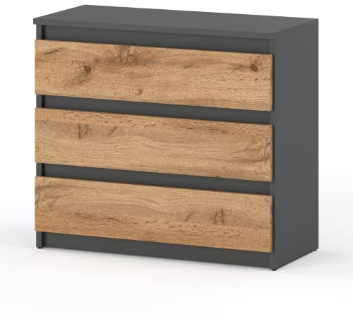 MRBLS_HOME Kommode mit 3 Schubladen – Schmale Schlafzimmer Kommode, Modernes Sideboard Holz - Grau Matt/Wotan – 80 x 71,5 x 33,5 cm