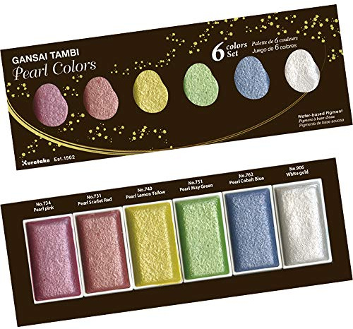 Kuretake Gansai Tambi PEARL COLORS, 6 Perlglanzfarben, Made in Japan | 6 brillante Perlglanzfarben, Aquarellfarbenset, große Farbnäpfchen, für Profis, Künstlerqualität
