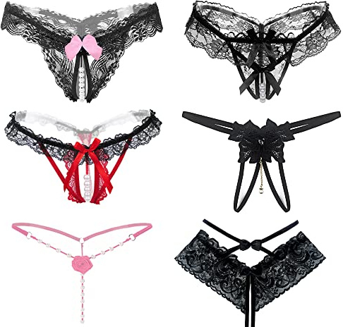6er Pack Damen String Ouvert Mit Perlen Blume Loch Set, Schwarz Niedrige Taille Spitze Sexy Tanga Unterwäsche Mit Offenem Schritt, G-String Reizwäsche Thongs V-String Höschen
