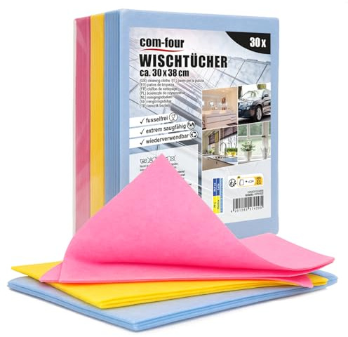 com-four® 30x Haushaltstücher - extrem saugfähige und strapazierbare Reinigungstücher aus Viskose - Allzweck-Wischtücher in 3 Farben - Wiederverwendbare Putztücher (30x38-30 Stück - 3 Farben)
