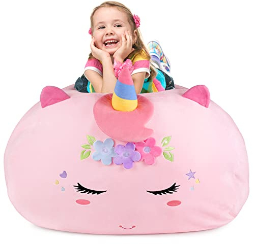 GAGAKU Kuscheltier Sitzsack Aufbewahrung Abdeckung 200L, XXL Spielzeug Aufbewharungstasche für Kinderzimmer Große Füllbarer Reißverschluss Sitzsack zum Organisieren (Einhorn)