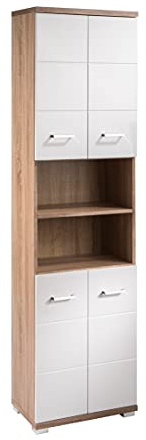 byLIVING Bad-Hochschrank Nebraska, B 50, H 192, T 31,5 cm | Badschrank Sonoma Eiche, Türen Hochglanz Weiß, Badschrank 4 Türen mit offenen Elementen & viel Stauraum