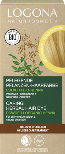 LOGONA Naturkosmetik Pflegende pflanzliche Haarfarbe, Veganes Haarfarbe-Pulver mit Bio-Henna für intensive Farbe und Glanz, Pflanzenhaarfarbe in Goldblond (Blond), 1 x 100g