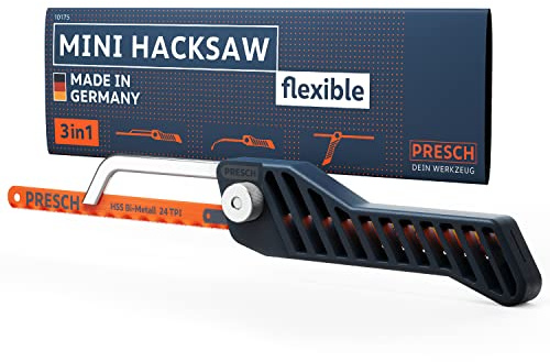 Presch Mini Metallsäge Flexibel 300mm - 3in1 Bügelsäge inkl. Metallsägeblatt - Verstellbarer Sägehandgriff mit Sägeblatt für Metall - Kleine Eisensäge - Junior Hacksaw