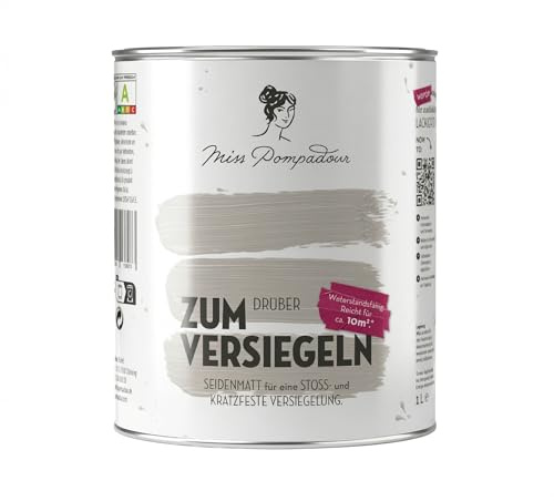 MissPompadour Klarlack seidenmatt 1L für Innen - Parkettlack, Holzlack farblos - Klarlack für Holz, Treppen, Parkett - Versiegelung für Kreidefarbe, Möbelfarbe, Möbellack - PU-Acryllack transparent