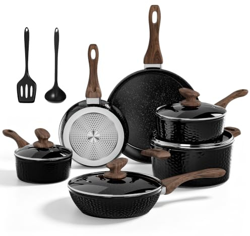 Kitchen Academy 12-teiliges Topfset Induktion in Ebenholzschwarz | Gehämmertes Pfannen und Töpfe Set, Granit-Antihaftbeschichtung, PFAS/PFOA-frei