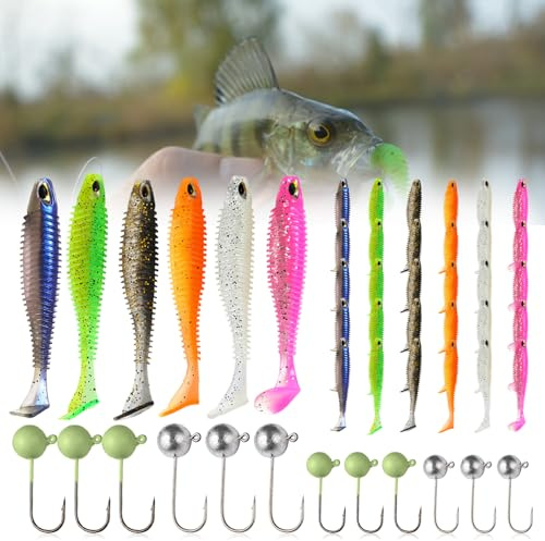 42 Stück Gummifische, 30 Artificial Angel Köder mit 12 Jigkopfe Angelhaken Angelköder Gummiköder Set Kunstköder Gummifische für Hecht Forelle Zander ((6 Farben)