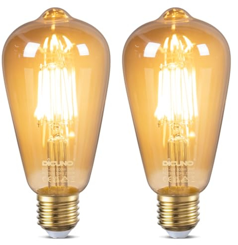 DiCUNO Edison Vintage Glühbirne E27, ST64 Filamente LED Lampe 6W, Warmweiß 2200K, 600LM, Antike, Dekorative Beleuchtung, Nostalgie und Retro Birne für Haus, Café, Bar, nicht dimmbar, 2er Pack