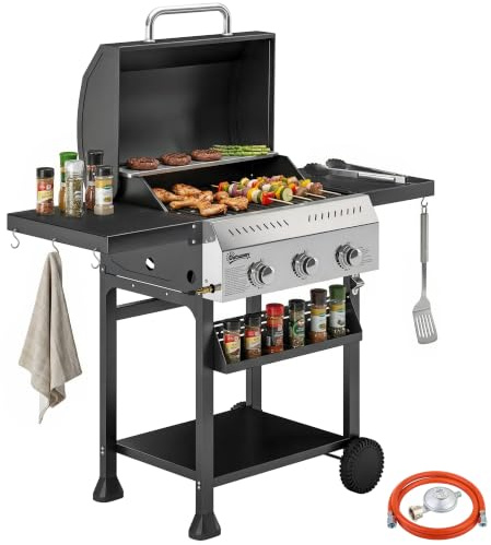 Outsunny Gasgrill 9 KW 3 Brenner Edelstahl mit Klappbarem Seitentisch | BBQ Grillwagen, Gewürzhalter, Unterregal, 6 Haken, Thermometer, Emaille-Grillrost, Warmhalterost, Rolle, Gas-Grill