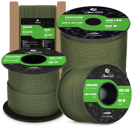 Abma Cord Paracord 2mm 15m 100% Nylon Seil Typ I Schnur mit 1 Kern Allzweckseil - Max. 45kg (100lbs) - Armee Grün
