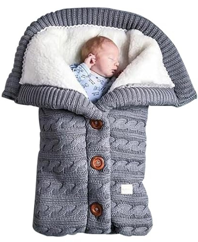 Liemuao - Warmer Winterschlafsack für Neugeborene, Babyschlafsack, Sherpa-Futter für Kinder, mit Engelchen-Motiv, für Babys von 0 bis 6 Monaten (grau)