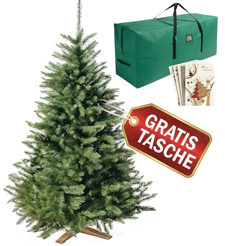 Wolkenland Künstlicher Weihnachtsbaum 180cm, in Premium Qualität - Mit Aufbewahrungstasche und Holzständer – Naturgetreu und mit dicht bestückten Zweigen – Künstliche Weihnachtsbäume