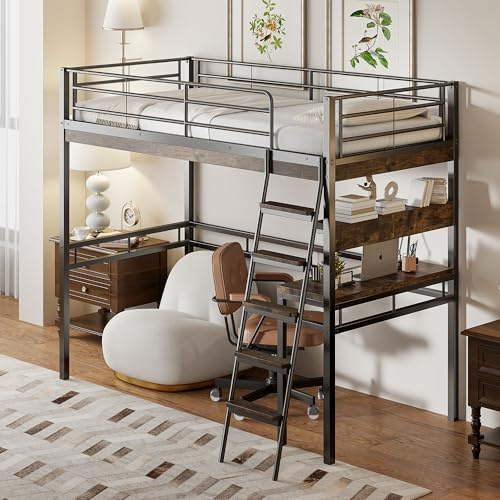 Soweiz Hochbett 90x200 Metall, Loftbett mit Schreibtisch, Jugendbett mit Treppe und Regalen