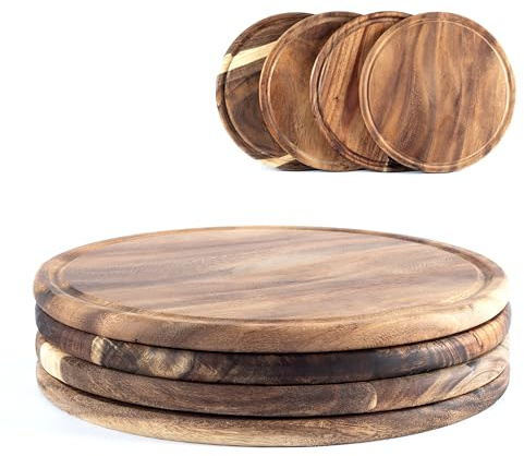 Hanseküche Schneidebrett Holz, 4er Set rundes Servierbrett/Fleischteller Ø 25 cm aus FSC-zertifiziertem Akazienholz, mit Saftrille – auch als Servierplatte rund und Pizzabrett