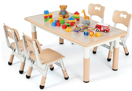 MAMIZO Kindertisch Packung mit 4 Stühlen, Kindersitzgruppe Höhenverstellbar, Tisch Stuhl Set für Kindergarten und Kinderzimmer, Plastik Kindermöbel, Sitzgruppe für Jungen Mädchen ab 2 Jahre, Gelb