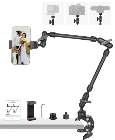 JEBUTU 22/56cm Magic Arm mit Super Clamp, Flexibel Kamera Tischstativ & Klemme, Overhead Stativ Handy, Gelenkarm Tisch Halterung mit 1/4-Gewinde für LED Licht, Kamera, Webcam, Mikrofon - schwarz