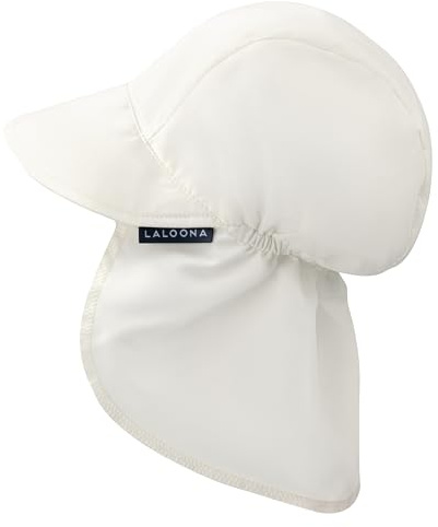 LaLoona Baby Schirmmütze UV 80+ mit Nackenschutz - Sommermütze/Sonnenhut mit UV-Schutz - atmungsaktiv & schnelltrocknend, OEKOTEX Standard 100 geprüfte Kappe für Jungen und Mädchen - Weiß - 46-49
