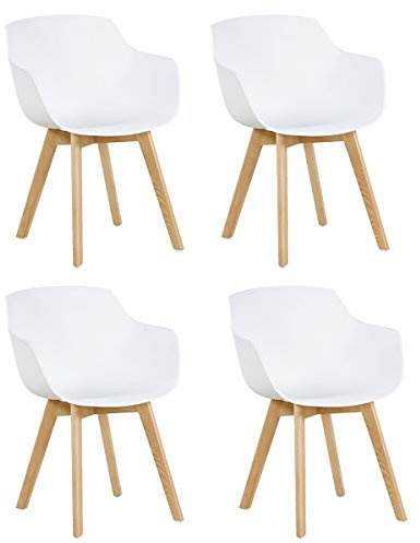 EGGREE Esszimmerstühle 4er Set Weiß mit Armlehnen, Küchenstühle mit massiven Buchenholzbeinen, moderne Esszimmerstühle für Küche, Esszimmer, Wohnzimmer und Büro, pflegeleichte Sitzschale