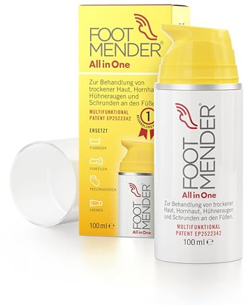 Footmender All in One | Behandelt und heilt trockene Füße, Hornhaut, Hühneraugen und Schrunden an den Füßen mit Ein und demselben Produkt | Signifikante Wirkung nach der ersten Behandlung | 100 ml