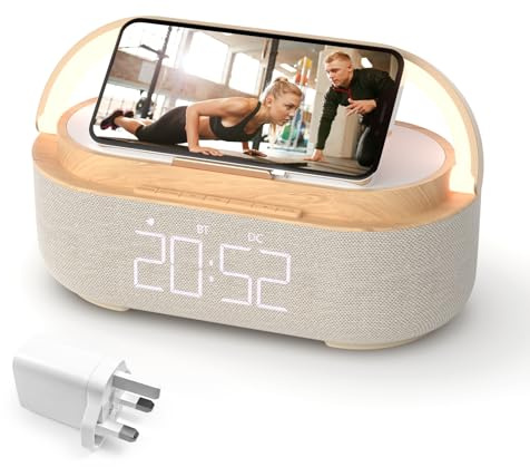 Digital Radio Alarm Clock with Wireless Charger, Bluetooth Speaker with USB Charger, Smart Alarm Clock, Snooze Function, Inductive Charging Station, Night Lamp, Dimmable LED Display and Battery Backup