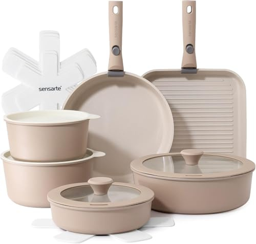 SENSARTE 17Teiliges Keramik Antihaft-Kochgeschirrset mit Abnehmbare Griffe | Induktions Topfsets, Keramik-Naturschicht Pfannenset, Für Alle Herdarten Geeignet, Spülmaschinenfest, Ofenfest (Beige)