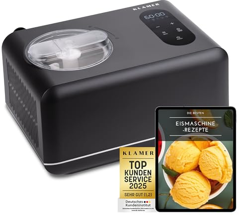 KLAMER 3-in-1 Eismaschine, Slush Maschine & Joghurtbereiter 1,5 L, 150 W Eiscrememaschine aus Edelstahl mit Kühl- & Heizfunktion, hausgemachtes Speise-, Slusheis mit selbstkühlendem Kompressor