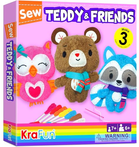 KRAFUN Kinder-Nähset für Anfänger ab 7 Jahren, 3 Stofftier-Puppen (Teddybär, Waschbär, Eule), Filzmaterialien, Anleitung, Wiederverwendbare Box, Lernspielzeug zum Nähen