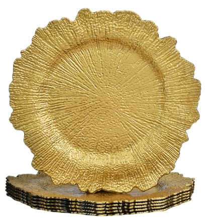 ALINK Gold Platzteller, Riffteller, Ladegerät für Speiseteller, 33 cm, Kunststoff-Ladegeräte für Hochzeiten, Weihnachten und Partys, 6 Stück-wiederverwendbar