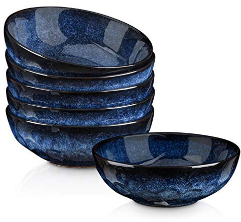 Vicrays 6er Set Müslischalen aus Porzellan, Füllmenge 940 ml, Set von Pastatellern und Schüsseln, Salatschüssel Keramik, Suppenschalen,mikrowellen- und spülmaschinenfest (Sternenblau)