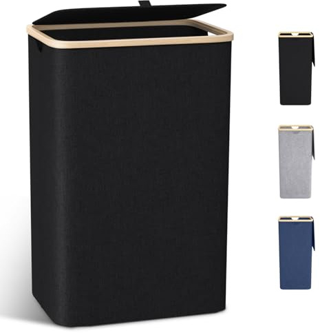 Schmaler Wäschekorb mit Deckel 100L, Bambusdeckel & herausnehmbarer Wäschesack, hoher Wäschesammler in Schwarz, platzsparende Wäschetruhe für Waschküche, Schlafzimmer & kleines Bad – Geruchshemmend
